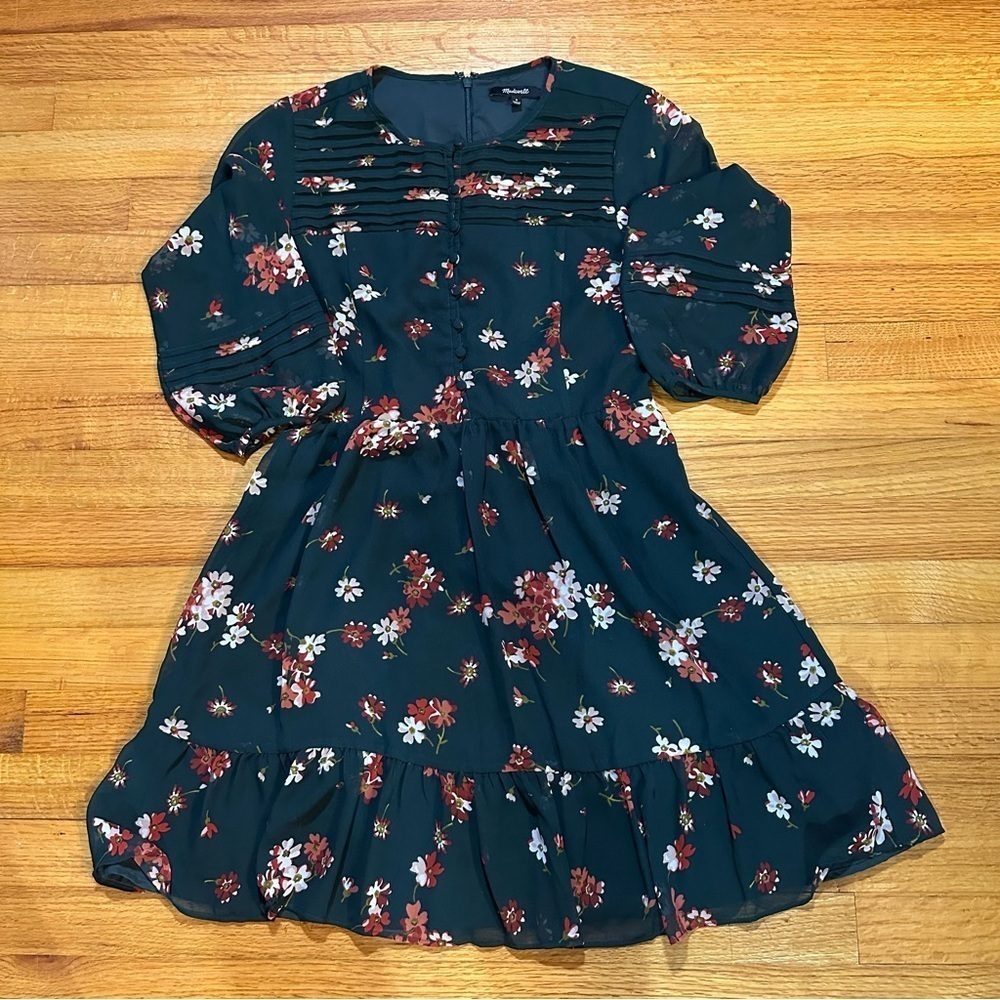 Madewell sheer-Sleeve Pintuck Ruffle Dress in Spruce Blooms(d)4